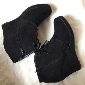 Black faux-suede wedge booties
